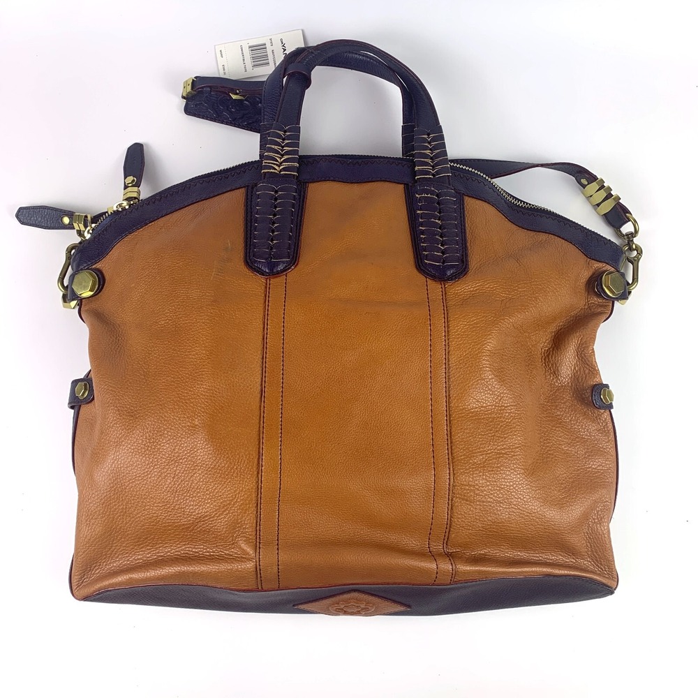 OrYani Navy Cognac Convertible Oversized Tote Bag Satchel Color Block Charm Gold - Picture 5 of 16